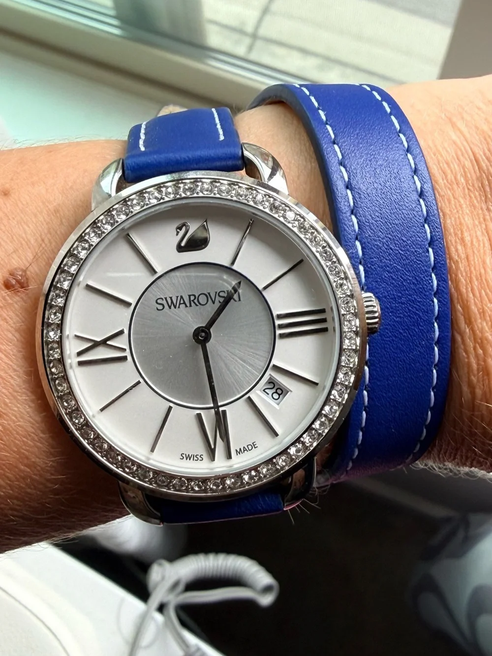 Swarovski Swiss Made Crystal Watch Blue Leather Wrap Strap 5095944